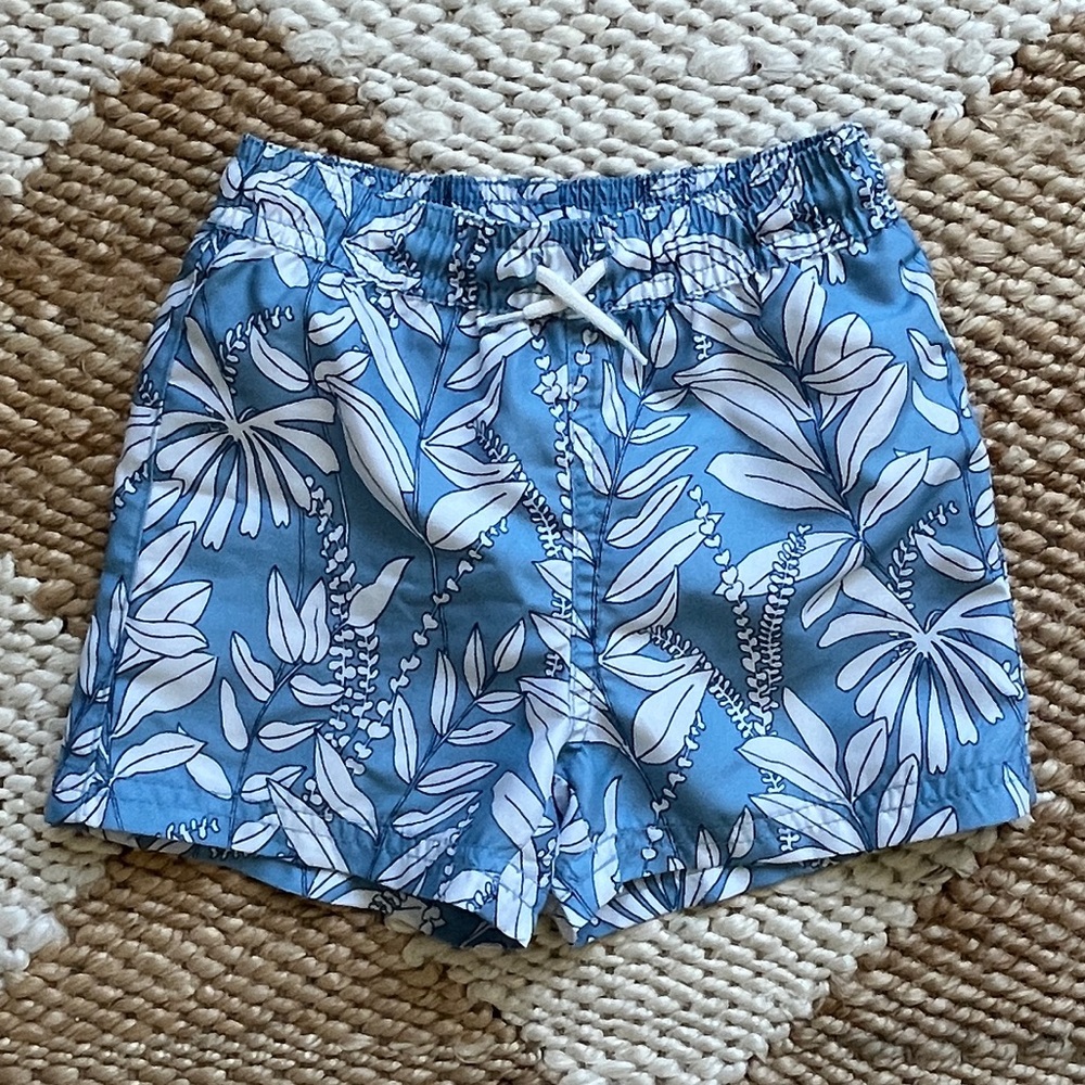 Janie and Jack Blue & White Botanical Print Swim Trunks - Size 12-18 Months
